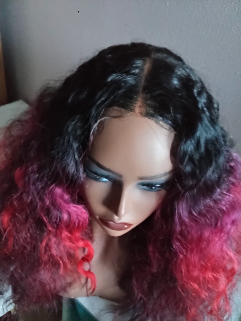 Stylish Ombre Curly Wig – Black to Vibrant Pink - Picture 2 of 5